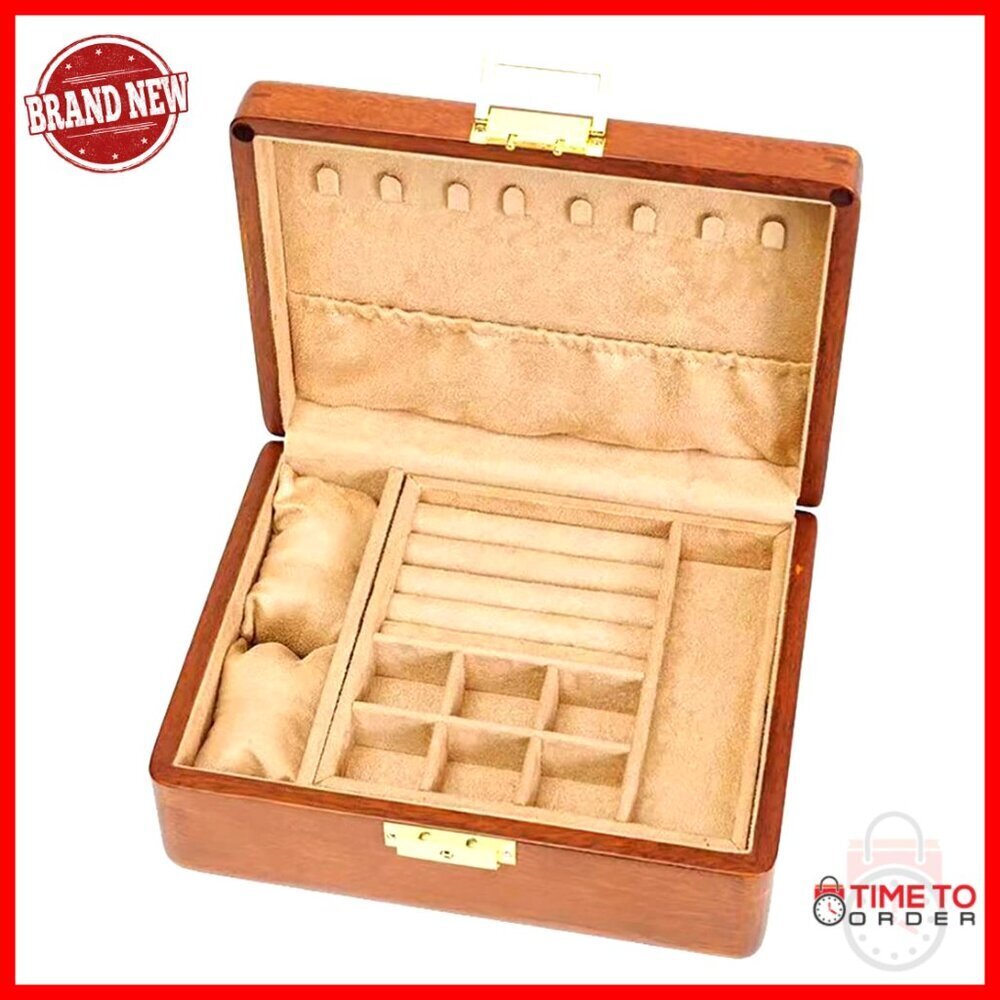 Solid Wood Jewelry Box with Lock and Key, Velvet Lined Organizer for Earrings